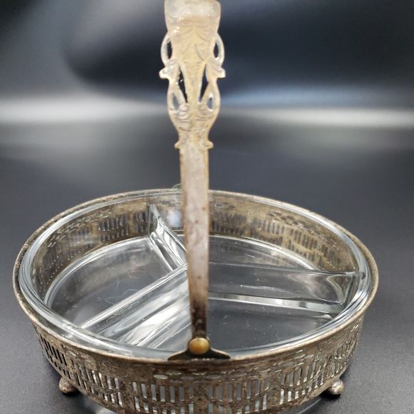 Art Nouveau Divided Glass Bowl with Distressed Silver Plate Holder Candy Snacks - Picture 15 of 16